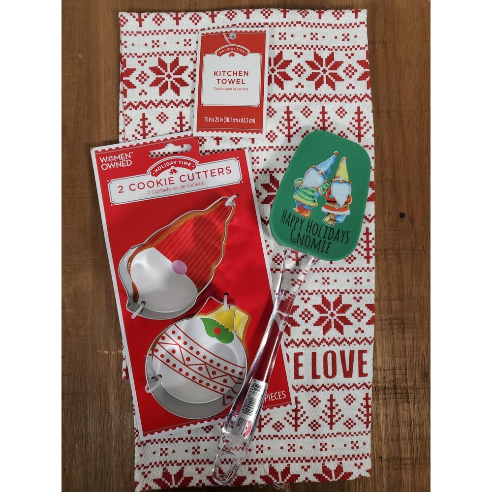 Kitchen Gift Set GNOME Cookie Cutters Spatula Fair Isle Red Towel Christmas